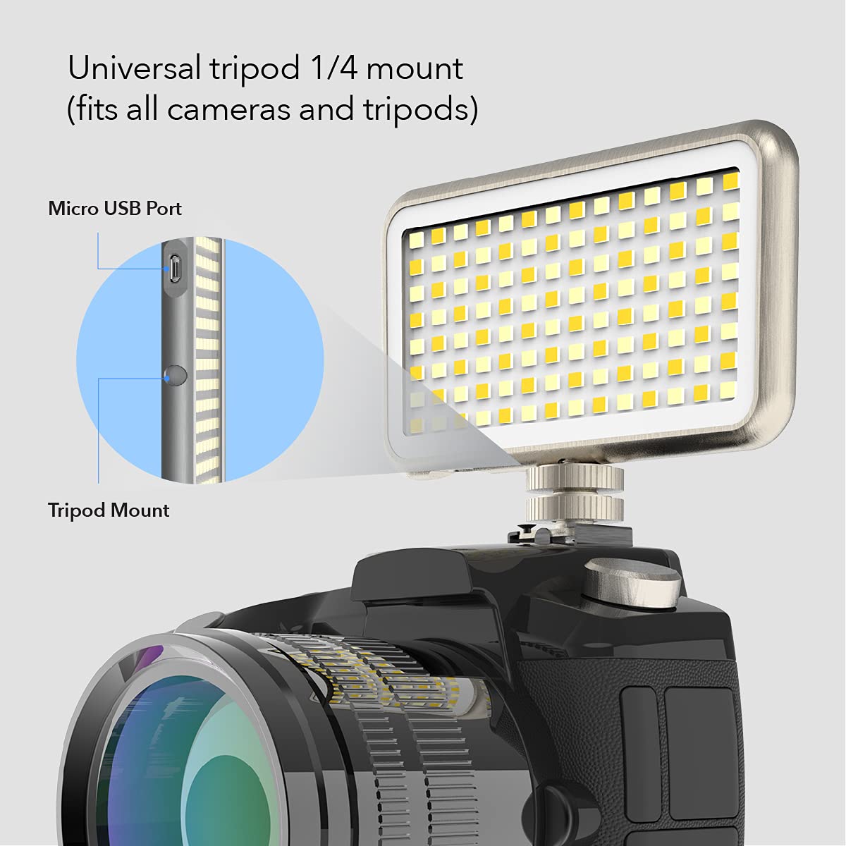 DIGIPOWER LED Video Light with 24 Brightness Levels, Colour Temperature Control and Light Filter, 112 LEDs + Universal Smartphone Holder for Mobile Phones, DSLR Cameras, Action Cams and Video Cameras