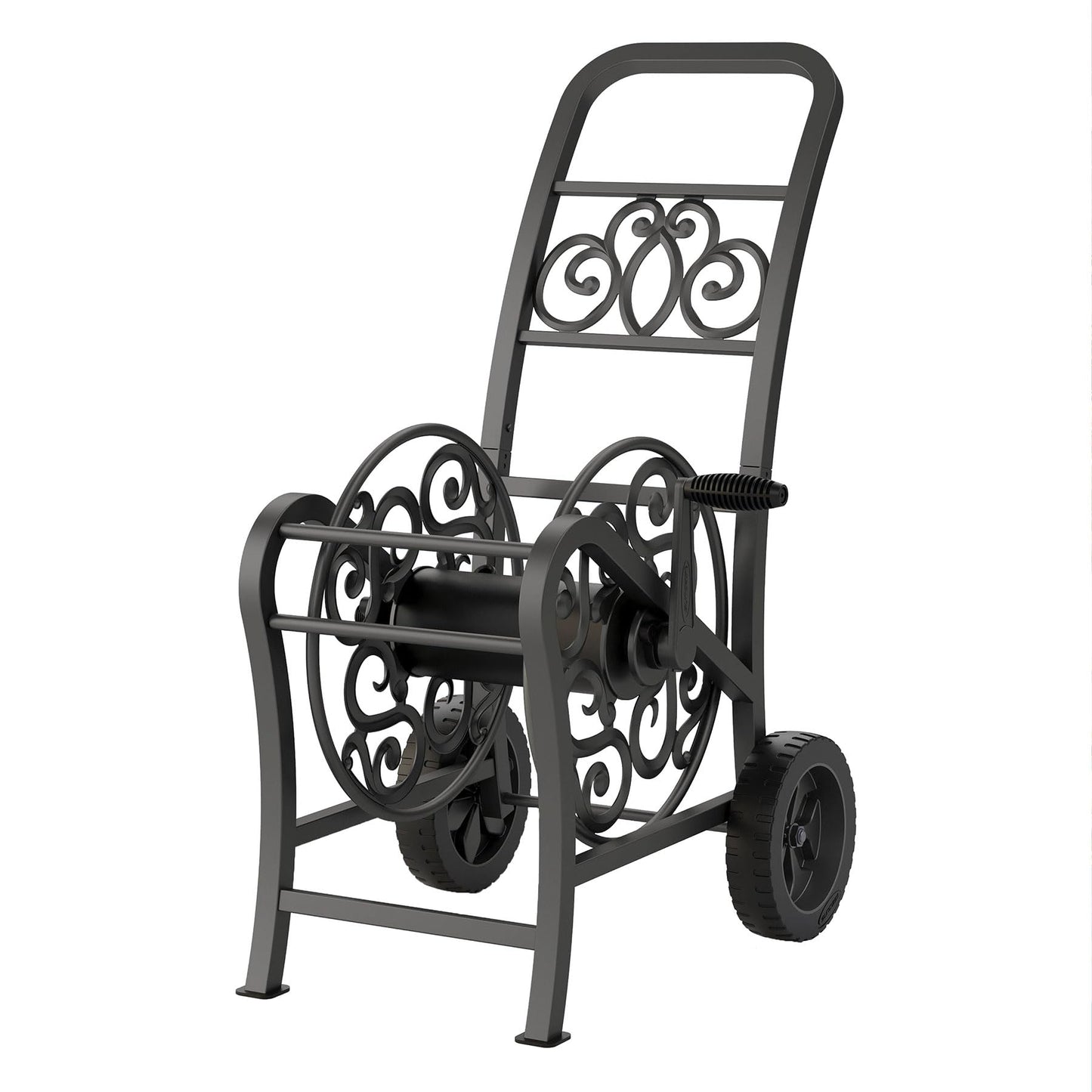 Suncast Metal Decorative Hose Cart with Flat-Free Wheels and Foot Caps, Stylish Garden Hose Reel Cart for of Standard Vinyl Hose