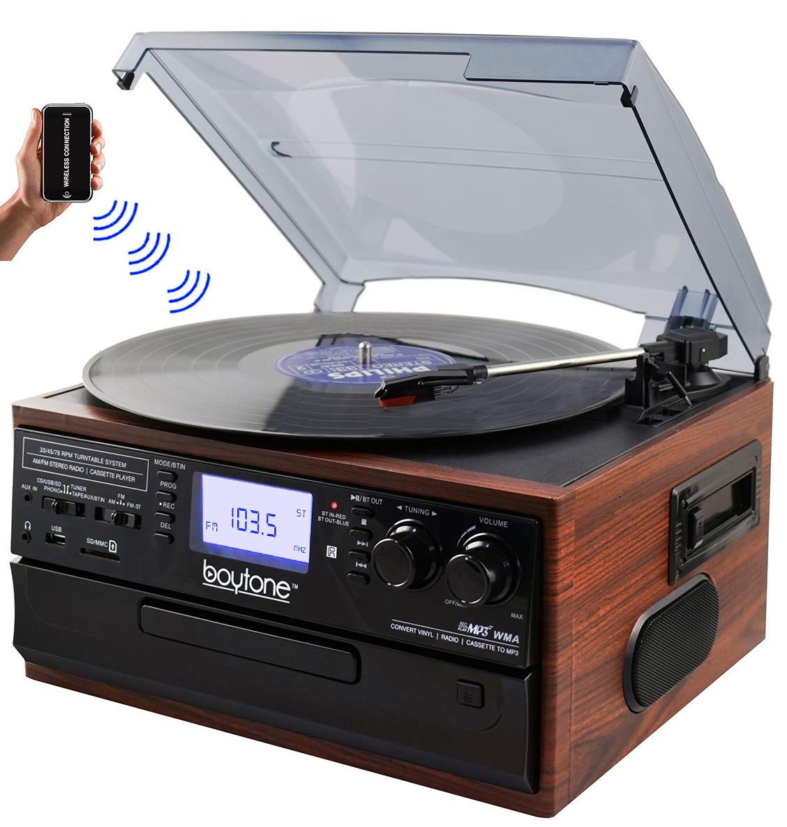 Boytone BT-22M, Bluetooth Record Player Turntable, AM/FM Radio, Cassette, CD Player, 2 built in speaker, Ability to convert Vinyl, Radio, Cassette, CD to MP3 without a computer, SD Slot, USB, AUX