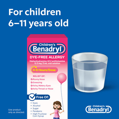 Benadryl Children's Allergy Relief Liquid Medicine with Diphenhydramine HCl, Kids' Allergy Syrup for Allergy Symptoms Like Runny Nose, Itchy Eyes & More