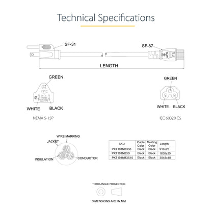 StarTech.com PXT101NB3S10 10-Feet Standard Laptop Power Cord