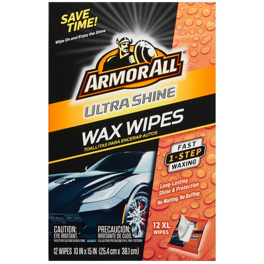 Armor All Car Wax Wipes Ultra Car Shine, One-Step Auto Wax Application, Exterior Car Wipes, 12 Count