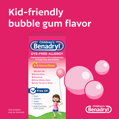 Benadryl Children's Allergy Relief Liquid Medicine with Diphenhydramine HCl, Kids' Allergy Syrup for Allergy Symptoms Like Runny Nose, Itchy Eyes & More