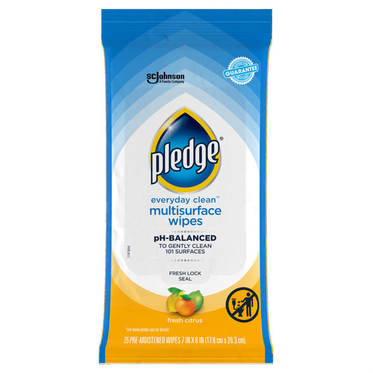 Pledge Multi-Surface Furniture Polish Wipes, Works on Wood, Granite, and Leather, Cleans and Protects, Fresh Citrus
