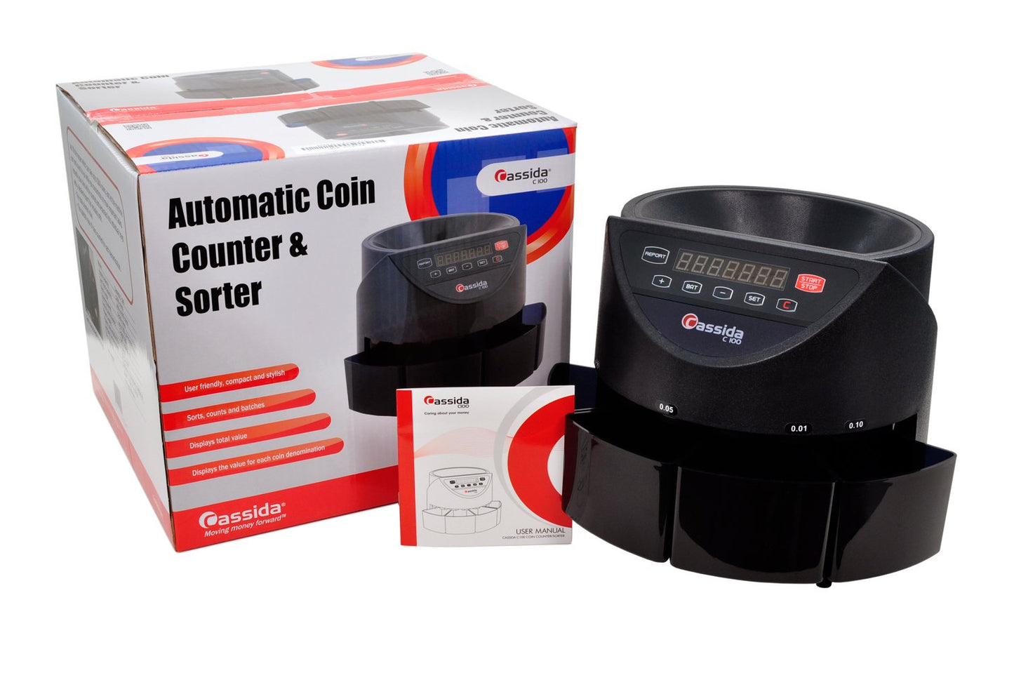 Cassida C100 Electronic Coin Sorter/Counter, Countable Coins 1¢, 5¢, 10¢, 25¢, 250 Coins/min, 110 VAC