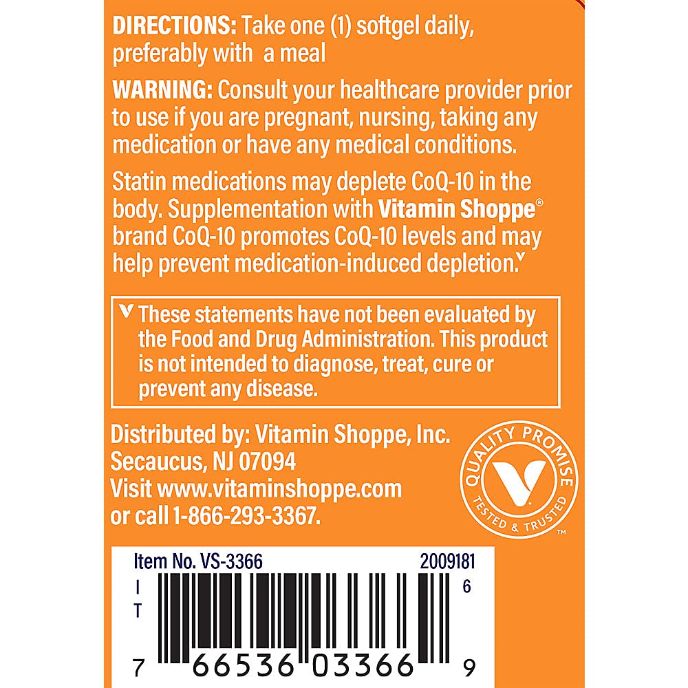 The Vitamin Shoppe Ubiquinol CoQ-10 200mg - Beneficial for Those Taking Statins – Supports Heart & Cellular Health and Healthy Energy Production, Essential Antioxidant – Once Daily