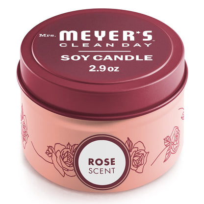 MRS. MEYER'S CLEAN DAY Soy Tin Candle, 12 Hour Burn Time, Made with Soy Wax and Essential Oils, Rose, 2.9 oz