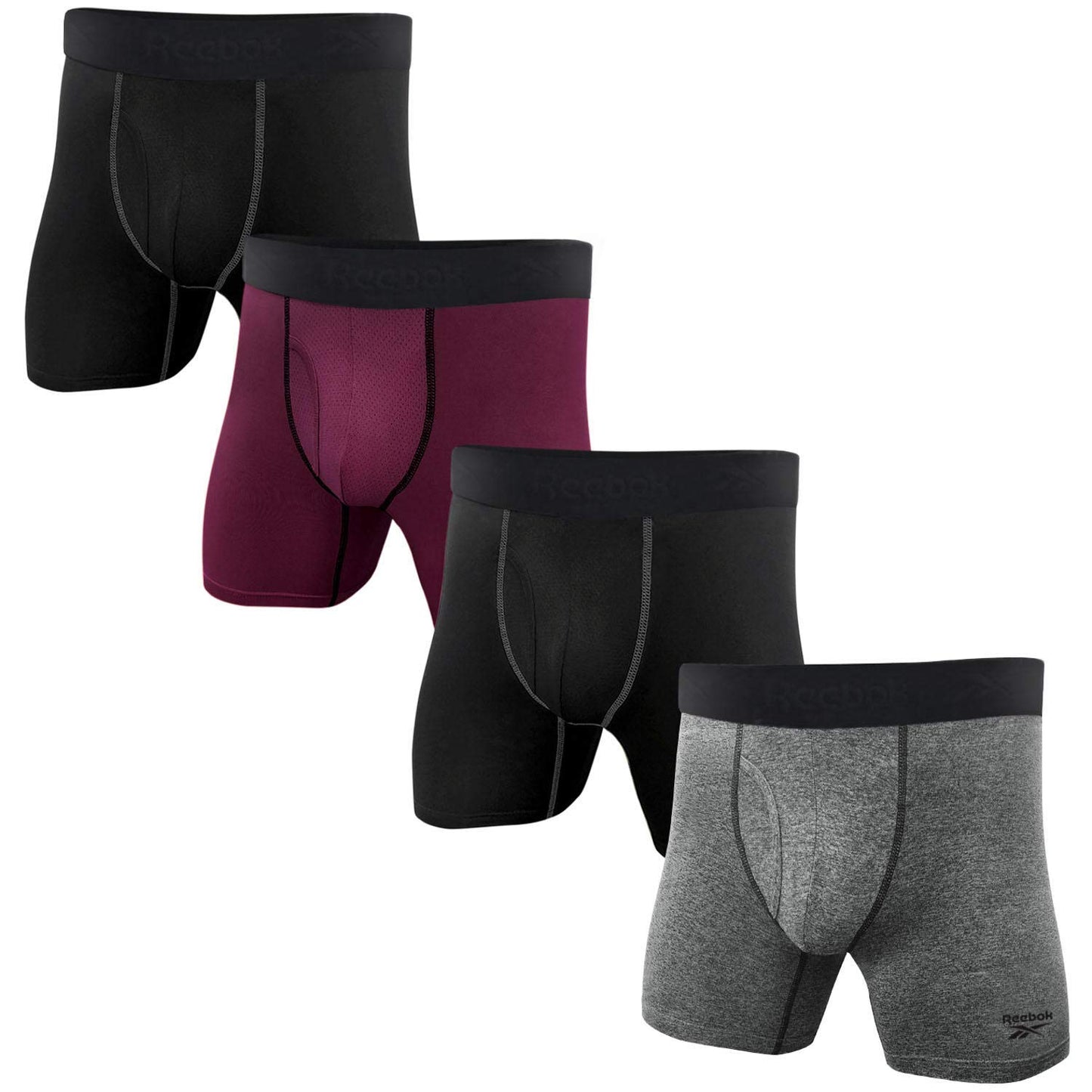 Reebok Mens 4 Pack Performance Boxer Briefs with Comfort Pouch - Black/Fig/Grey/HTR Large
