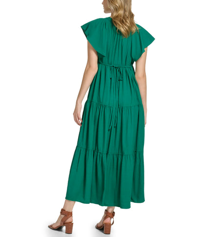 Calvin Klein Gauze Midi Dress with Pleated Tiers for Women, Split V-Neckline and Pull-On Style