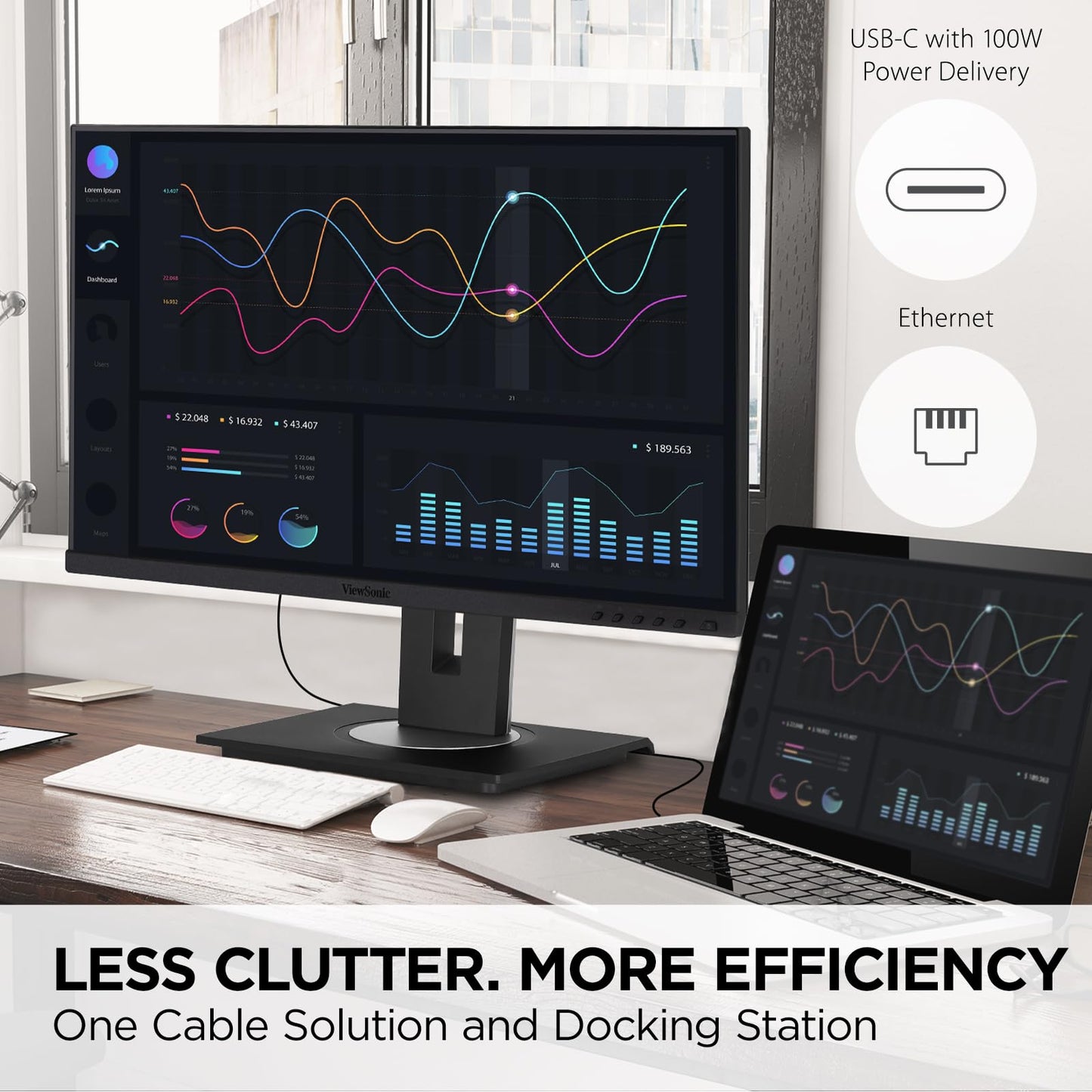 ViewSonic Docking Built-in Gigabit Ethernet and 40 Degree Tilt Ergonomics