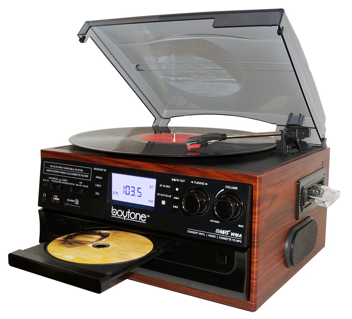 Boytone BT-22M, Bluetooth Record Player Turntable, AM/FM Radio, Cassette, CD Player, 2 built in speaker, Ability to convert Vinyl, Radio, Cassette, CD to MP3 without a computer, SD Slot, USB, AUX