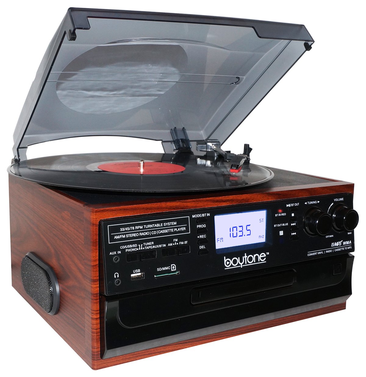 Boytone BT-22M, Bluetooth Record Player Turntable, AM/FM Radio, Cassette, CD Player, 2 built in speaker, Ability to convert Vinyl, Radio, Cassette, CD to MP3 without a computer, SD Slot, USB, AUX