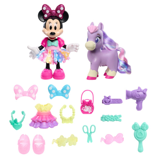 Disney Junior Minnie Mouse Groom & Glam Pony Set, Poseable 21-Piece Doll and Accessories Set, Kids Toys for Ages 3 Up by Just Play
