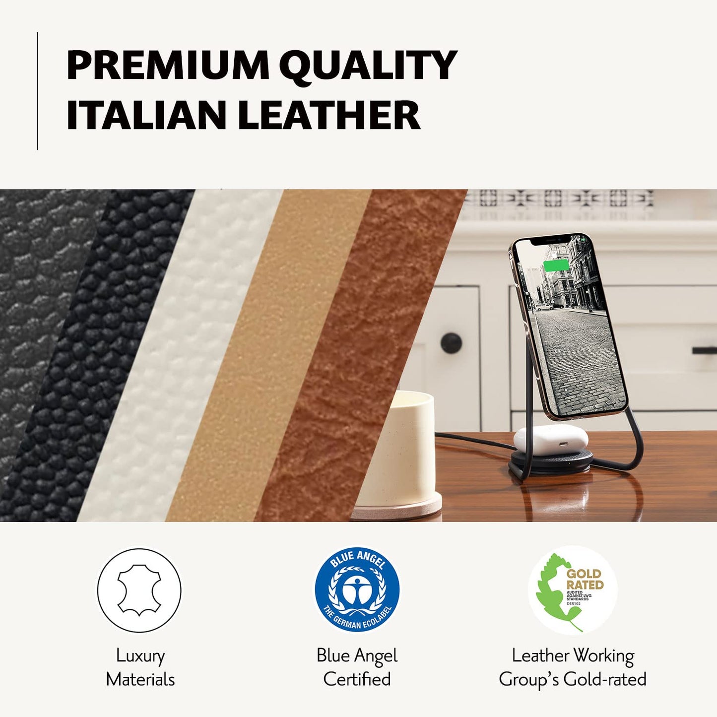 Courant Mag:2 Essentials Wireless Charging Stand - Belgian Linen, 2 in 1 Multi-Device Charger - Magnetic Stand for MagSafe iPhones with Charging Base for AirPod Cases