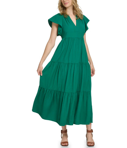 Calvin Klein Gauze Midi Dress with Pleated Tiers for Women, Split V-Neckline and Pull-On Style