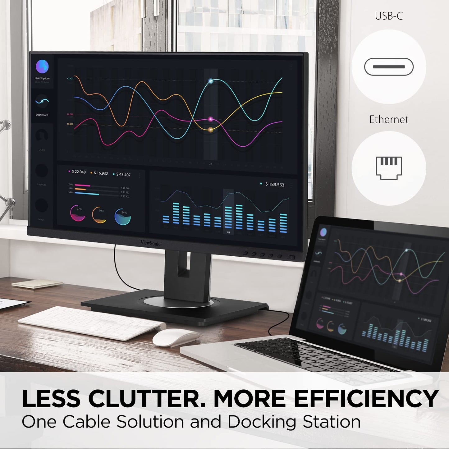 ViewSonic Docking Built-in Gigabit Ethernet and 40 Degree Tilt Ergonomics