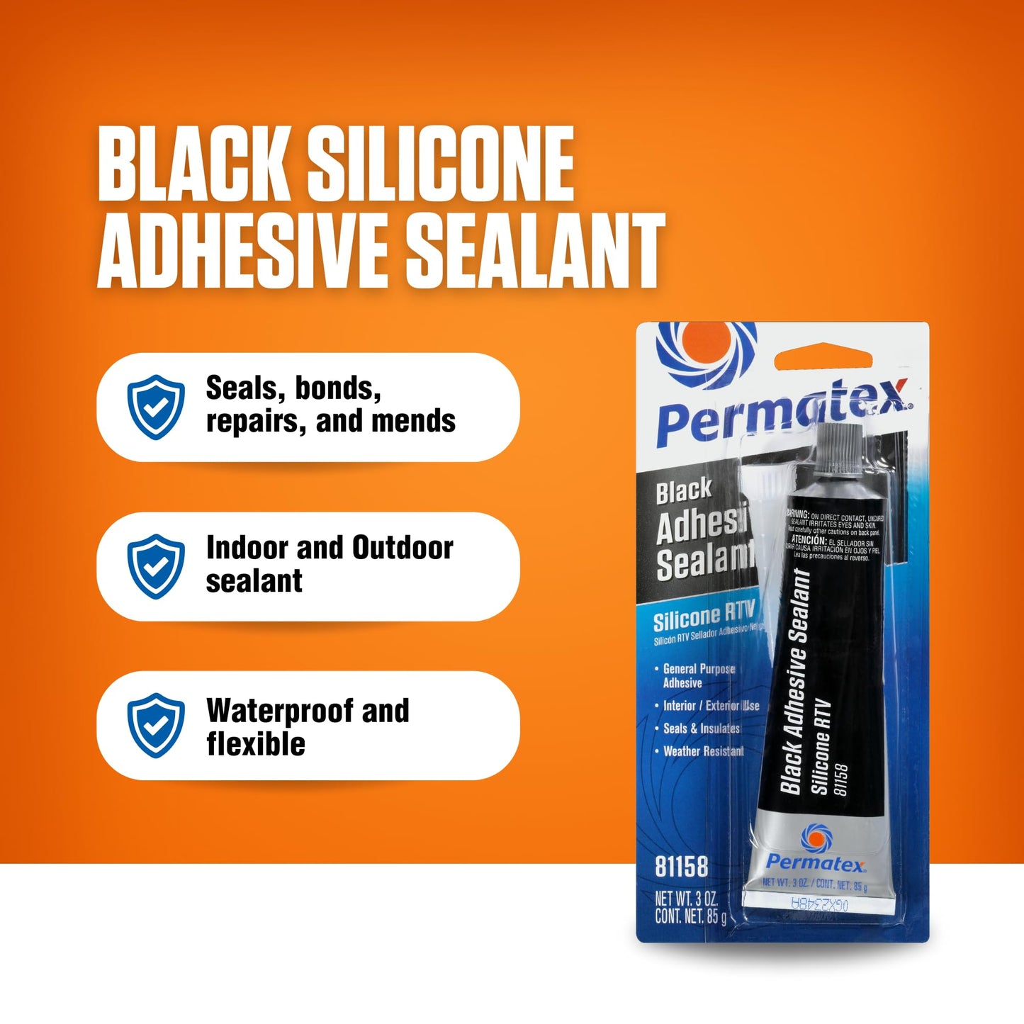 Permatex 81158 Black Silicone Adhesive Sealant, 3 oz. Tube