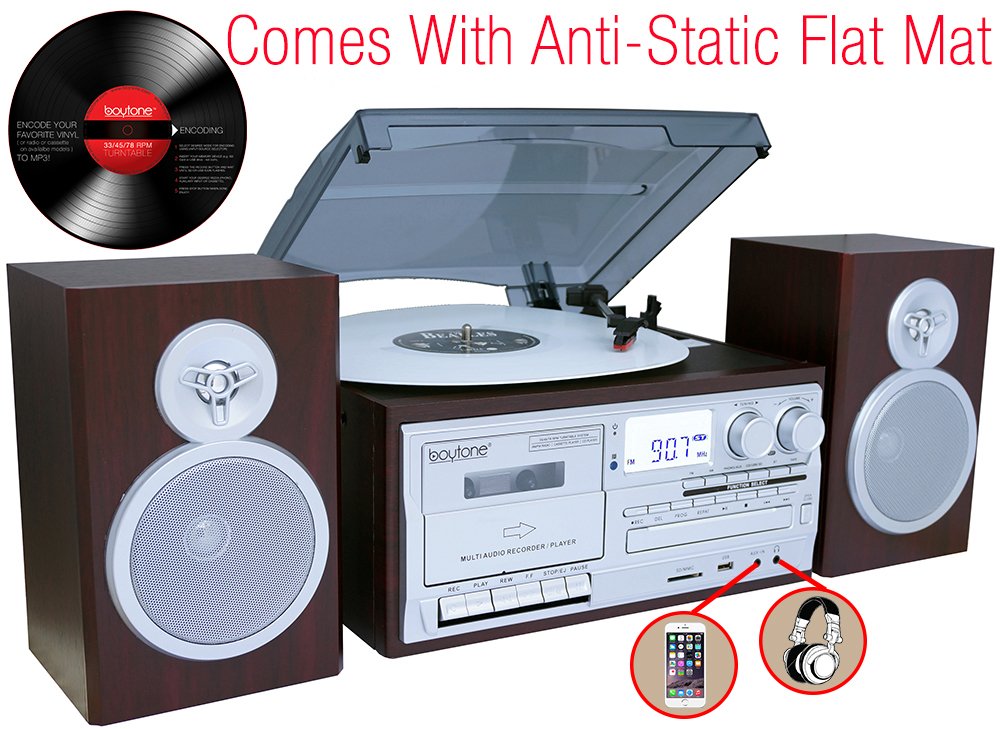 Boytone BT-28SPS Bluetooth Classic Style Record Player Turntable with AM/FM Radio, Cassette Player, CD Player, 2 Separate Stereo Speakers, Record Vinyl, Radio, Cassette to MP3 SD Slot USB, AUX Silver