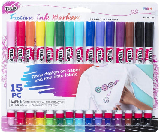 Tulip Bullet Tip Fusion Ink Fabric Markers, 15 Pack Prism, Permanent, Washable