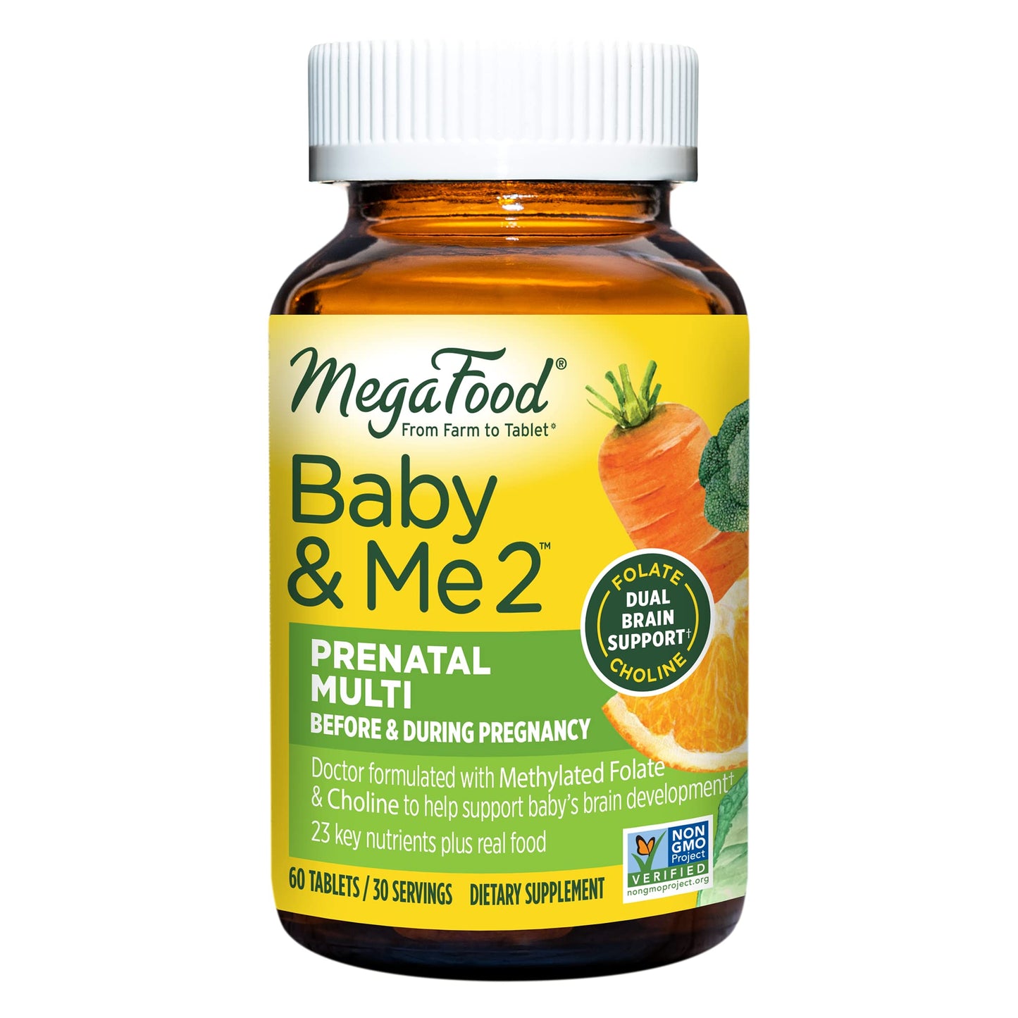MegaFood Baby & Me 2 Prenatal Multi - Prenatal Vitamins for Mom & Developing Baby - Dr Formulated with Essential Nutrients Like Folic Acid, Choline, Biotin, and More - Non-GMO Tabs
