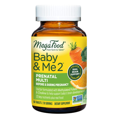 MegaFood Baby & Me 2 Prenatal Multi - Prenatal Vitamins for Mom & Developing Baby - Dr Formulated with Essential Nutrients Like Folic Acid, Choline, Biotin, and More - Non-GMO Tabs