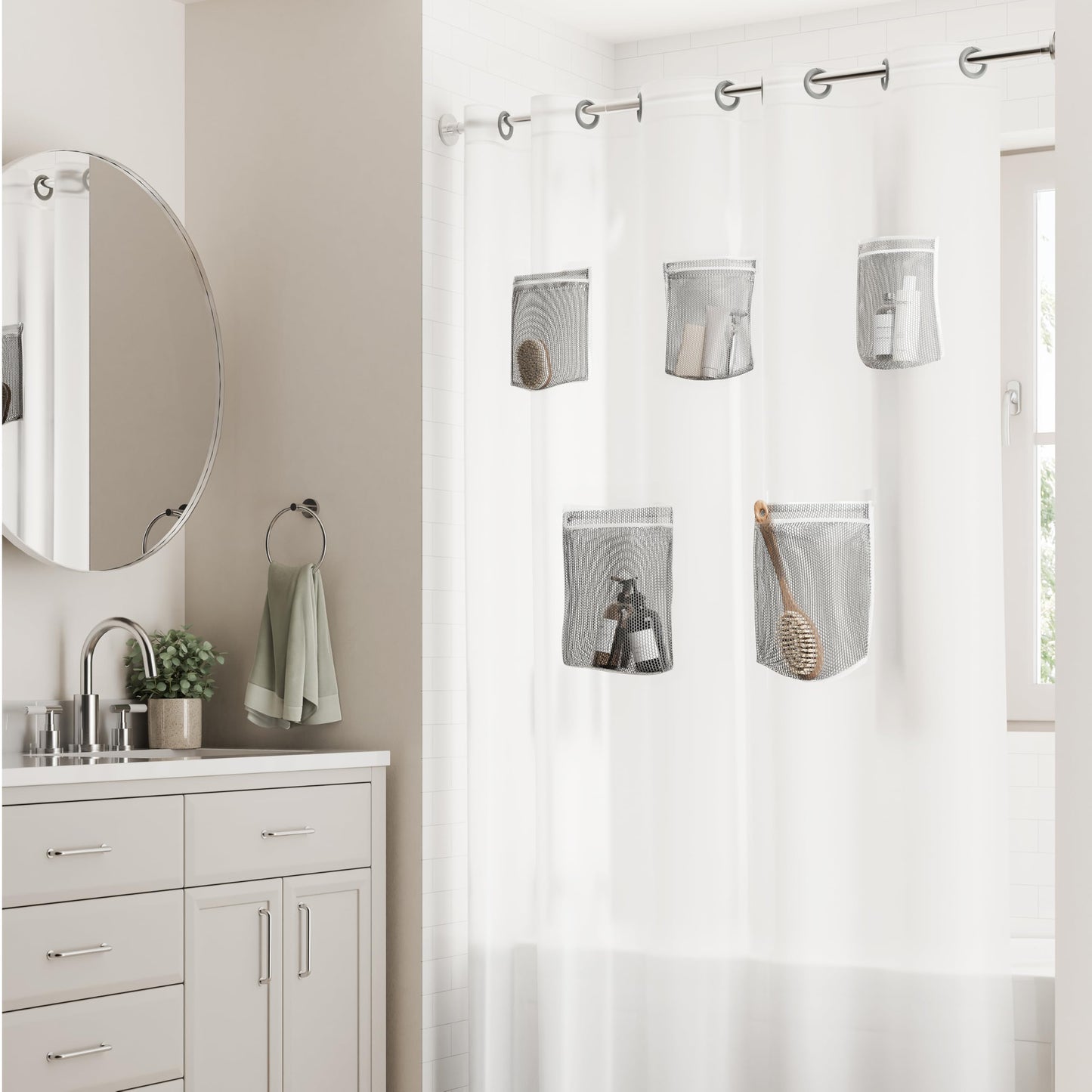 Rubbermaid INSTACURTAIN Hook-Free PEVA Shower Curtain with 5 Mesh Storage Pocket