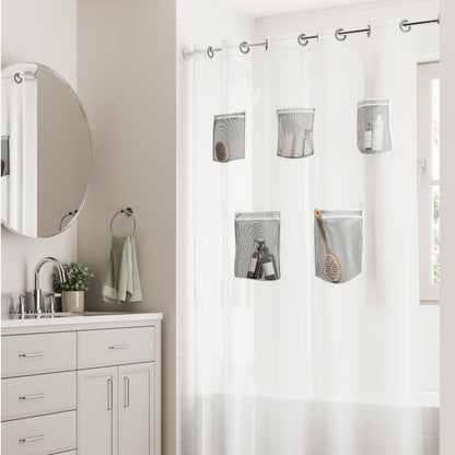 Rubbermaid INSTACURTAIN Hook-Free PEVA Shower Curtain with 5 Mesh Storage Pocket