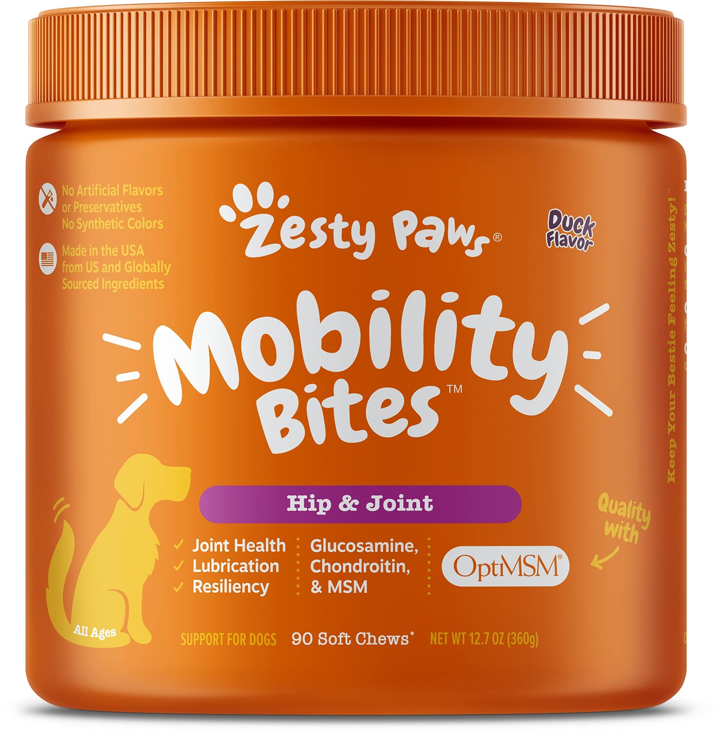 Mobility Bites for Dogs, Hip and Joint, All Ages, Duck, 90 Soft Chews, 12.7 oz (360 g), Zesty Paws