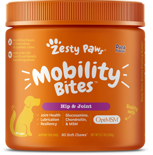Mobility Bites for Dogs, Hip and Joint, All Ages, Duck, 90 Soft Chews, 12.7 oz (360 g), Zesty Paws