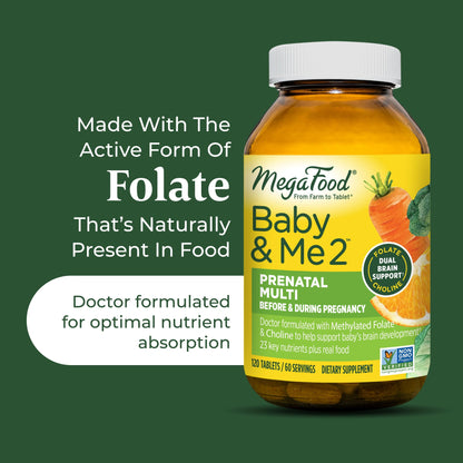 MegaFood Baby & Me 2 Prenatal Multi - Prenatal Vitamins for Mom & Developing Baby - Dr Formulated with Essential Nutrients Like Folic Acid, Choline, Biotin, and More - Non-GMO Tabs