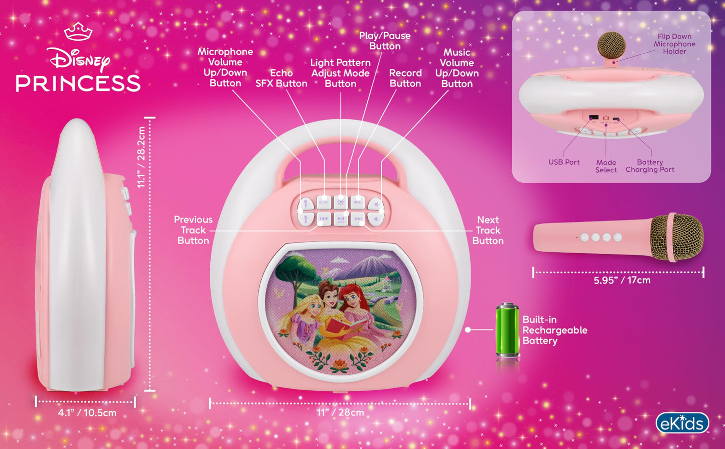 Disney Princess Karaoke Machine for Kids, Bluetooth Speaker with Wireless Microphone Designed for Fans of Disney Toys