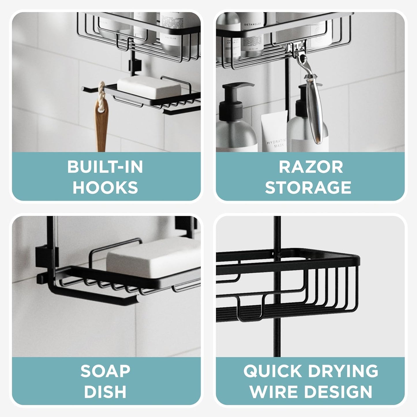 Zenna Home Rustproof Hanging Shower Caddy, Over the Shower Head Caddy with 2 Shelves and Built In Hooks, Aluminum Bathroom Hanging Organizer, Black