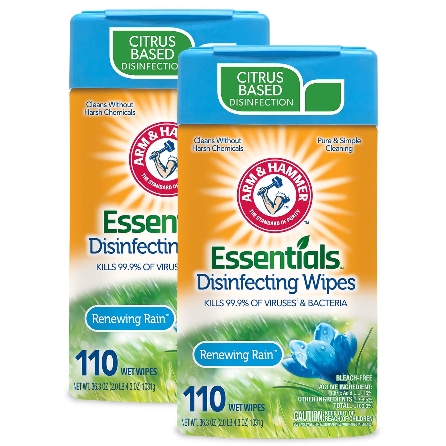 Arm & Hammer Essentials Disinfecting Wipes Renewing Rain 110 Count (Pack of 2)