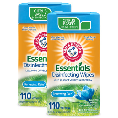 Arm & Hammer Essentials Disinfecting Wipes Renewing Rain 110 Count (Pack of 2)