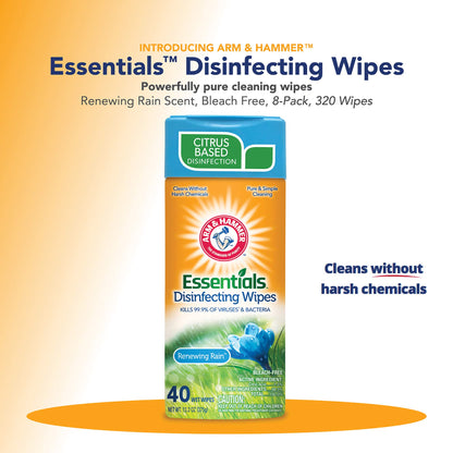 Arm & Hammer Essentials Disinfecting Wipes, Renewing Rain Scent, 40 Count, 8 Pack
