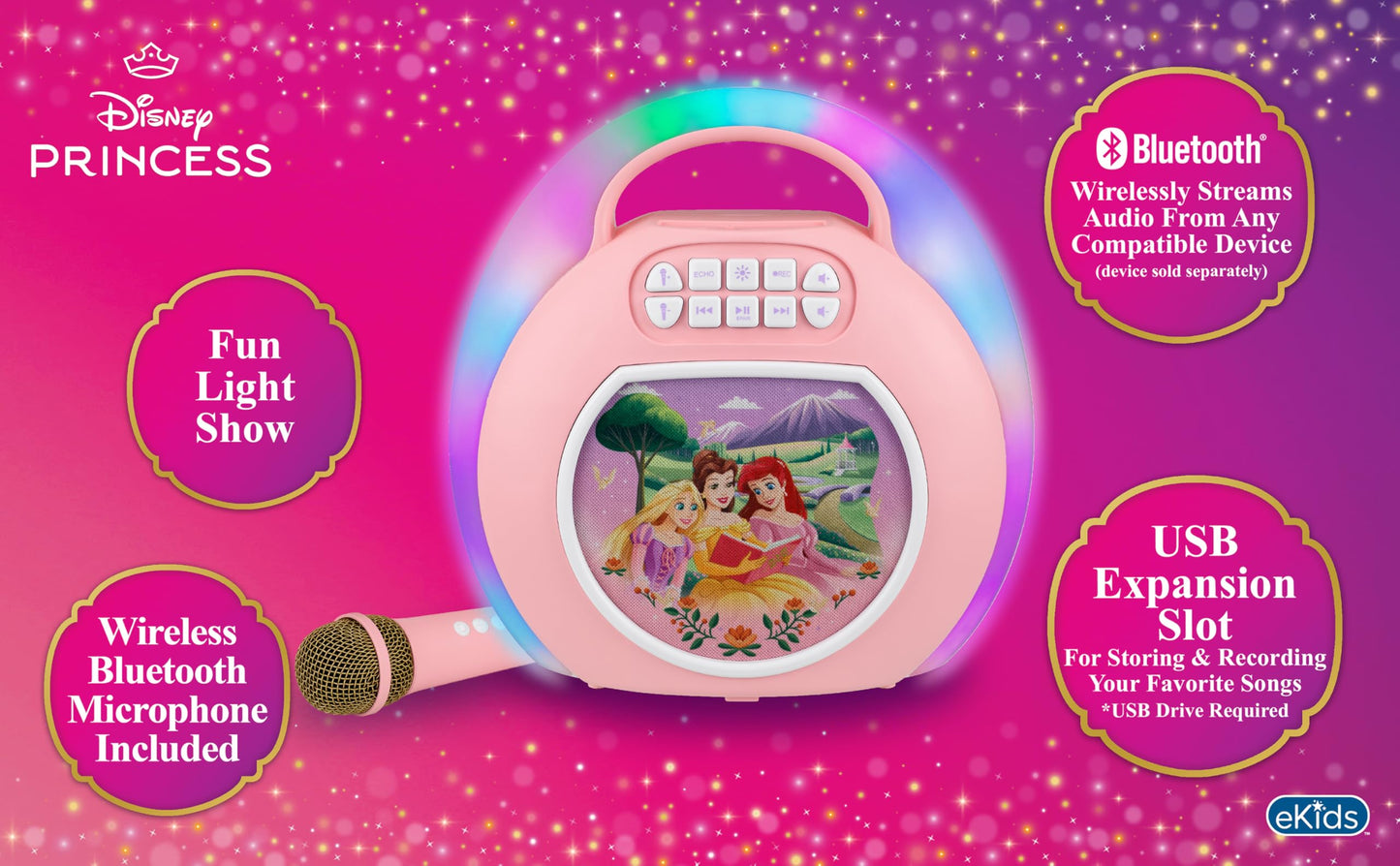 Disney Princess Karaoke Machine for Kids, Bluetooth Speaker with Wireless Microphone Designed for Fans of Disney Toys