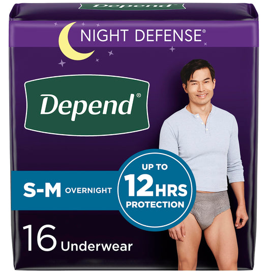 Depend Night Defense Adult Incontinence Underwear for Men, Disposable, Overnight, Small/Medium, Grey, 64 Count (4 Packs of 16), Packaging May Vary