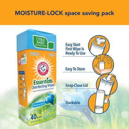 Arm & Hammer Essentials Disinfecting Wipes, Renewing Rain Scent, 40 Count, 8 Pack