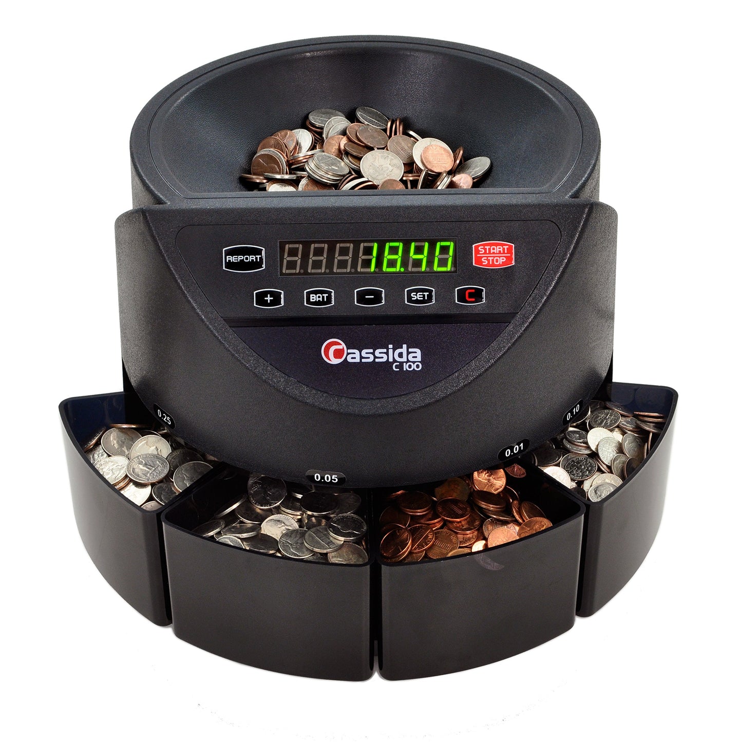 Cassida C100 Electronic Coin Sorter/Counter, Countable Coins 1¢, 5¢, 10¢, 25¢, 250 Coins/min, 110 VAC