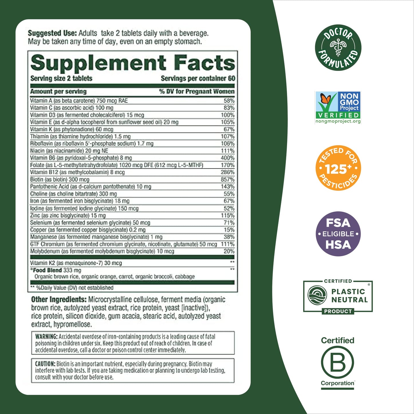 MegaFood Baby & Me 2 Prenatal Multi - Prenatal Vitamins for Mom & Developing Baby - Dr Formulated with Essential Nutrients Like Folic Acid, Choline, Biotin, and More - Non-GMO Tabs