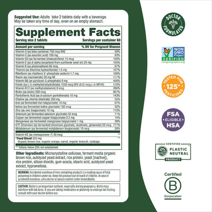 MegaFood Baby & Me 2 Prenatal Multi - Prenatal Vitamins for Mom & Developing Baby - Dr Formulated with Essential Nutrients Like Folic Acid, Choline, Biotin, and More - Non-GMO Tabs