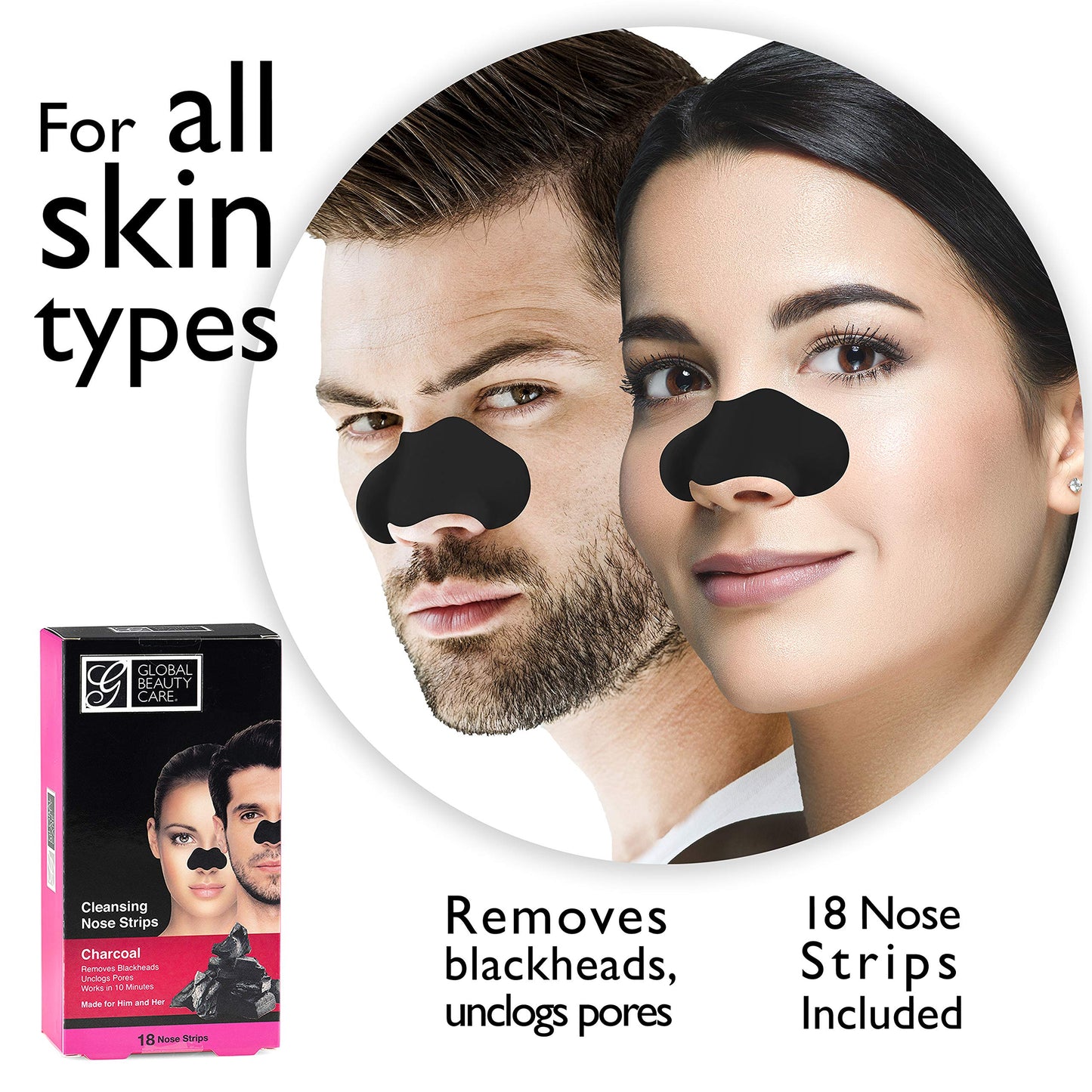 Global Beauty Care 18 Nose Cleansing Strips of Activated Charcoal Nose Strips For Blackheads Removal Charcoal Blackhead Remover Strips - 18 Ct