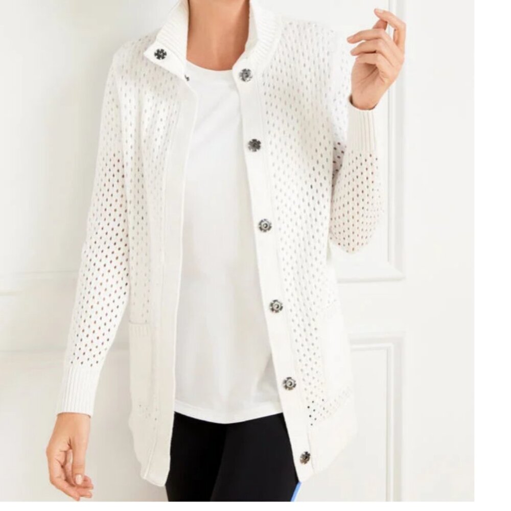 TALBOTS COOLMAX SNAP BUTTON SWEATER JACKET - WHITE, VARIOUS