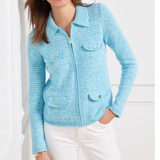 TALBOTS COLLARED ZIP CARDIGAN - DASH STRIPE, S 5852