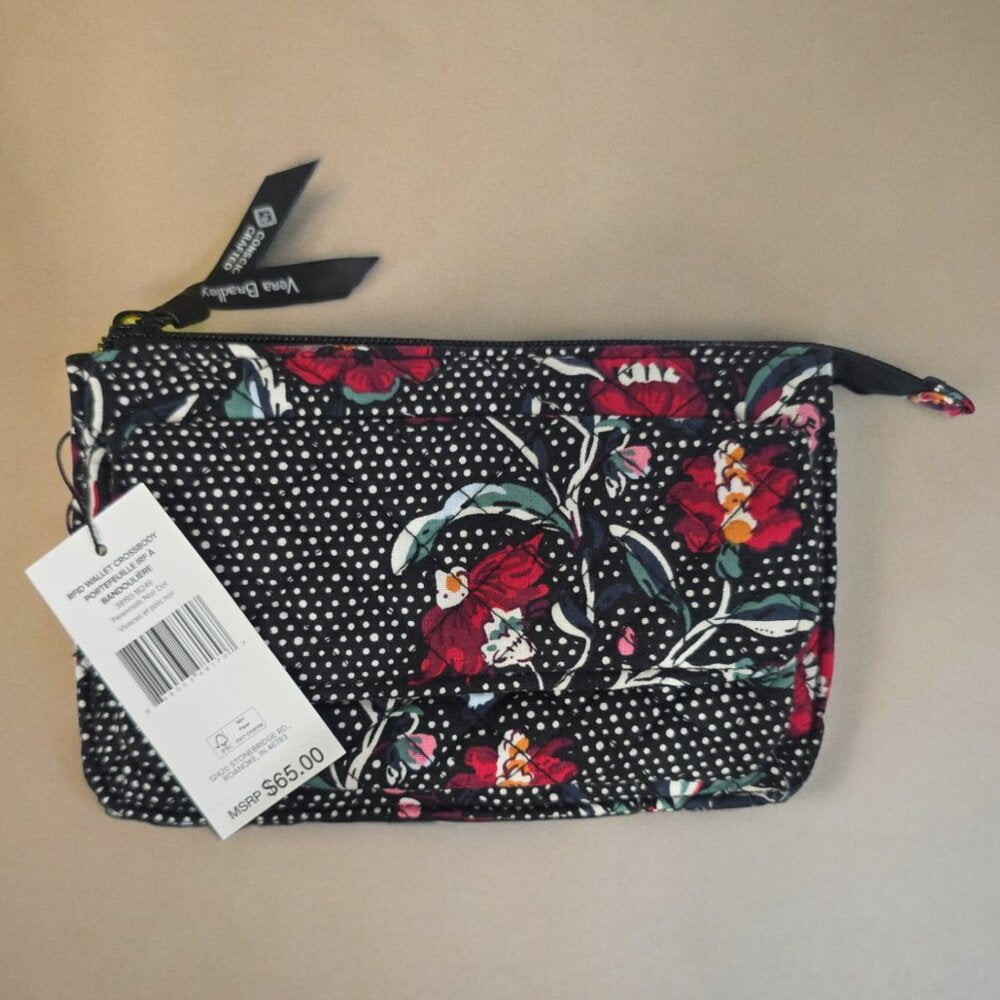 Vera Bradley RFID Wallet Crossbody in Cotton Perennials Noir Dot