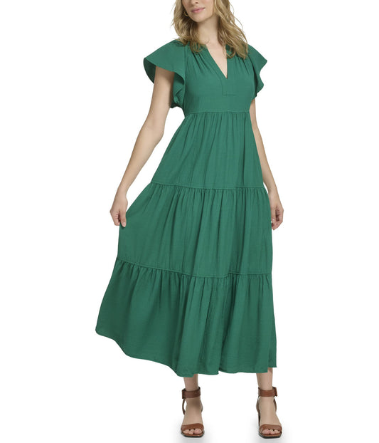 Calvin Klein Gauze Midi Dress with Pleated Tiers for Women, Split V-Neckline