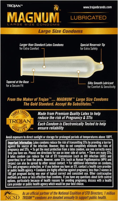 Trojan Magnum XL Size Lubricated Latex Condoms - 12 ct, Pack of 5