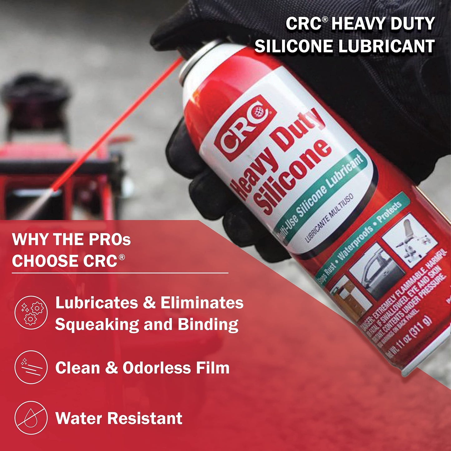 The Wholesale Outlet CRC heavy duty silicone lubricant spray can being held by a gloved hand for precision use.