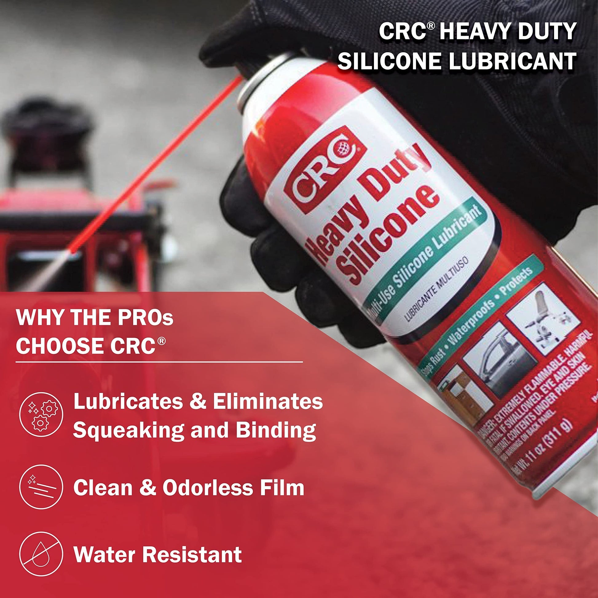 The Wholesale Outlet CRC heavy duty silicone lubricant spray can being held by a gloved hand for precision use.