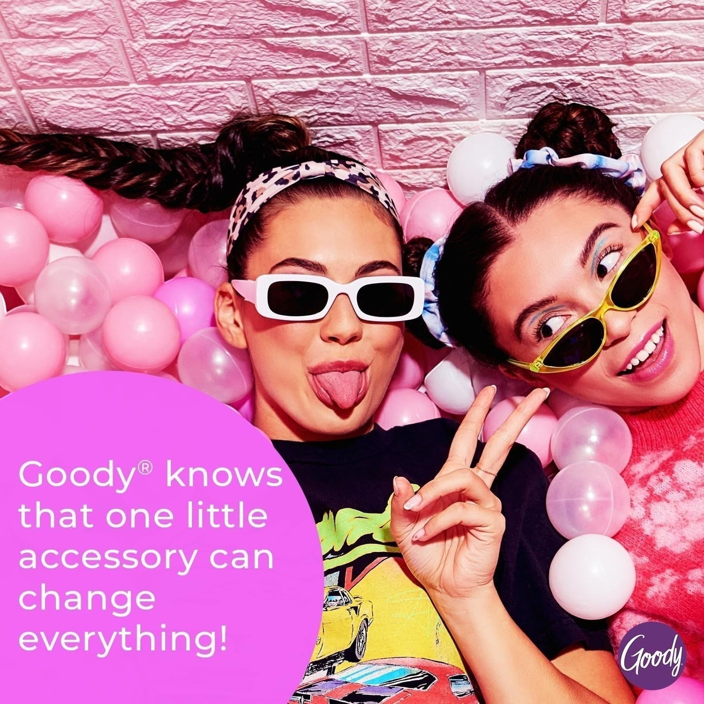 The Wholesale Outlet Goody wavy headbands worn by two women in a pink ball pit with sunglasses and playful poses.